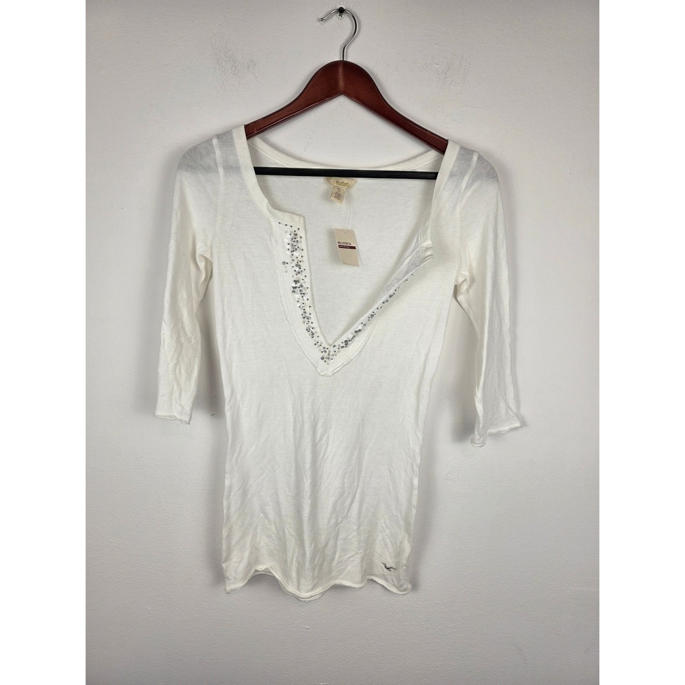 Hollister Co. NWT Vintage Y2K Womens White 3/4 Sleeve V Neck Sequins‎ Size Small